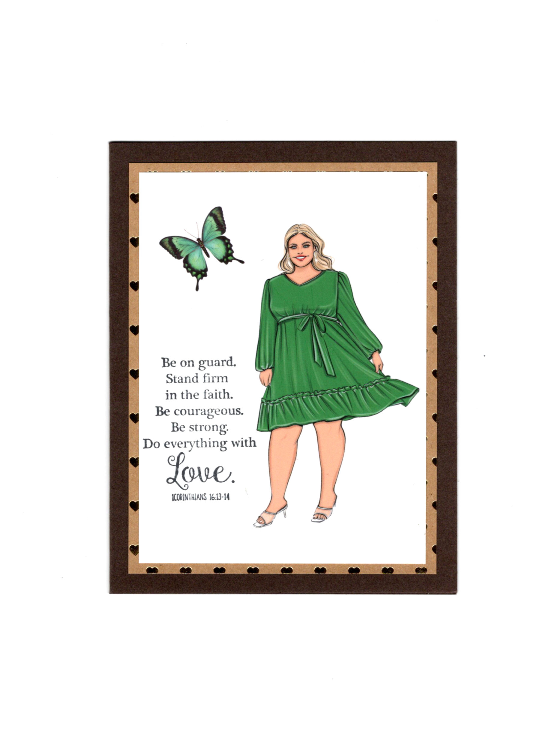 Caucasian woman wearing a green dress and a butterfly on a card
