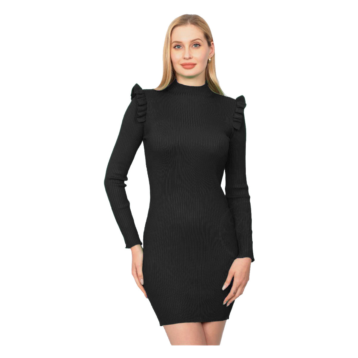 Vestido Manga Larga Cuello Alto Negro Casual