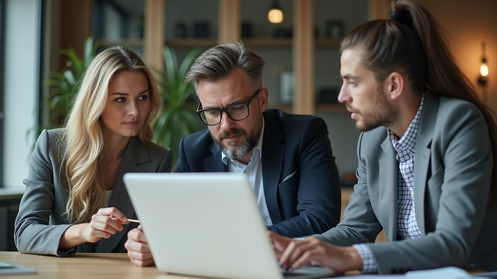 Close-up view of a sales team discussing strategy around a laptop