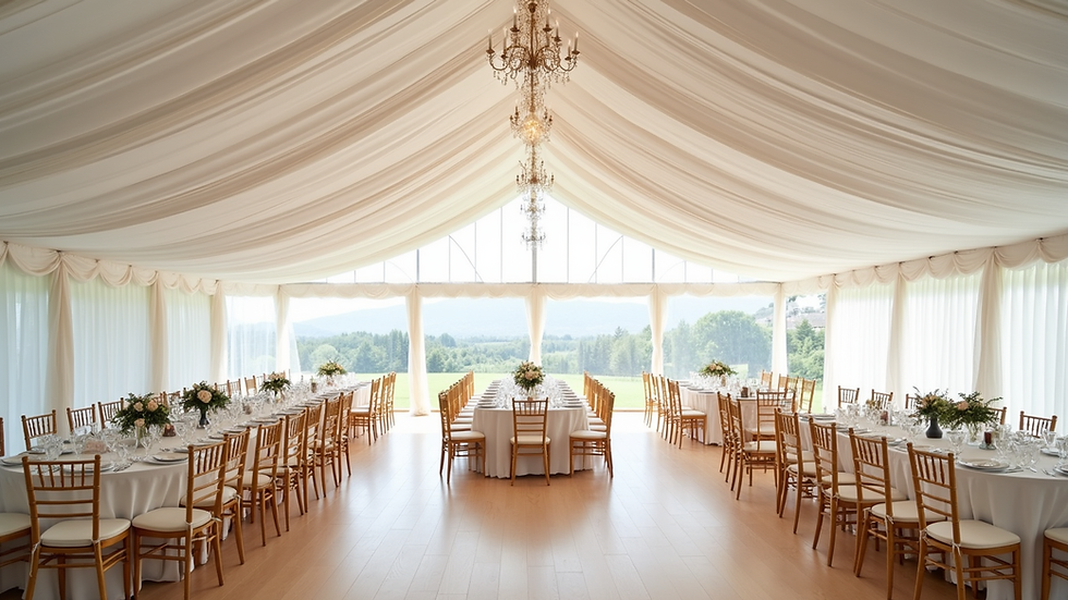 Wide angle view of a spacious white marquee tent with tables and chairs set up for a wedding