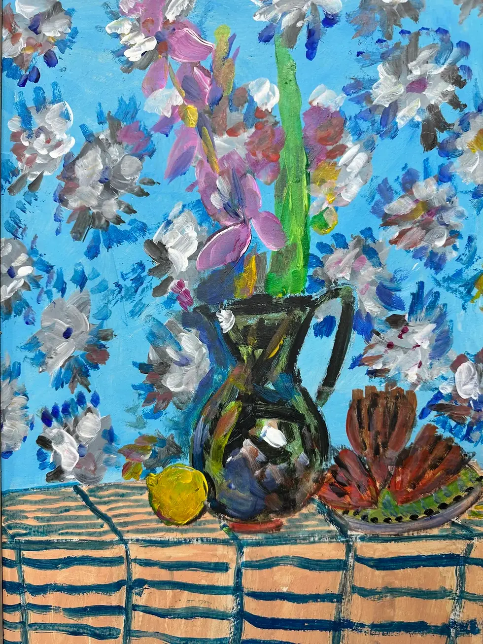Thumbnail: Blue and Pink Flowers, Coral Tablecloth Painting