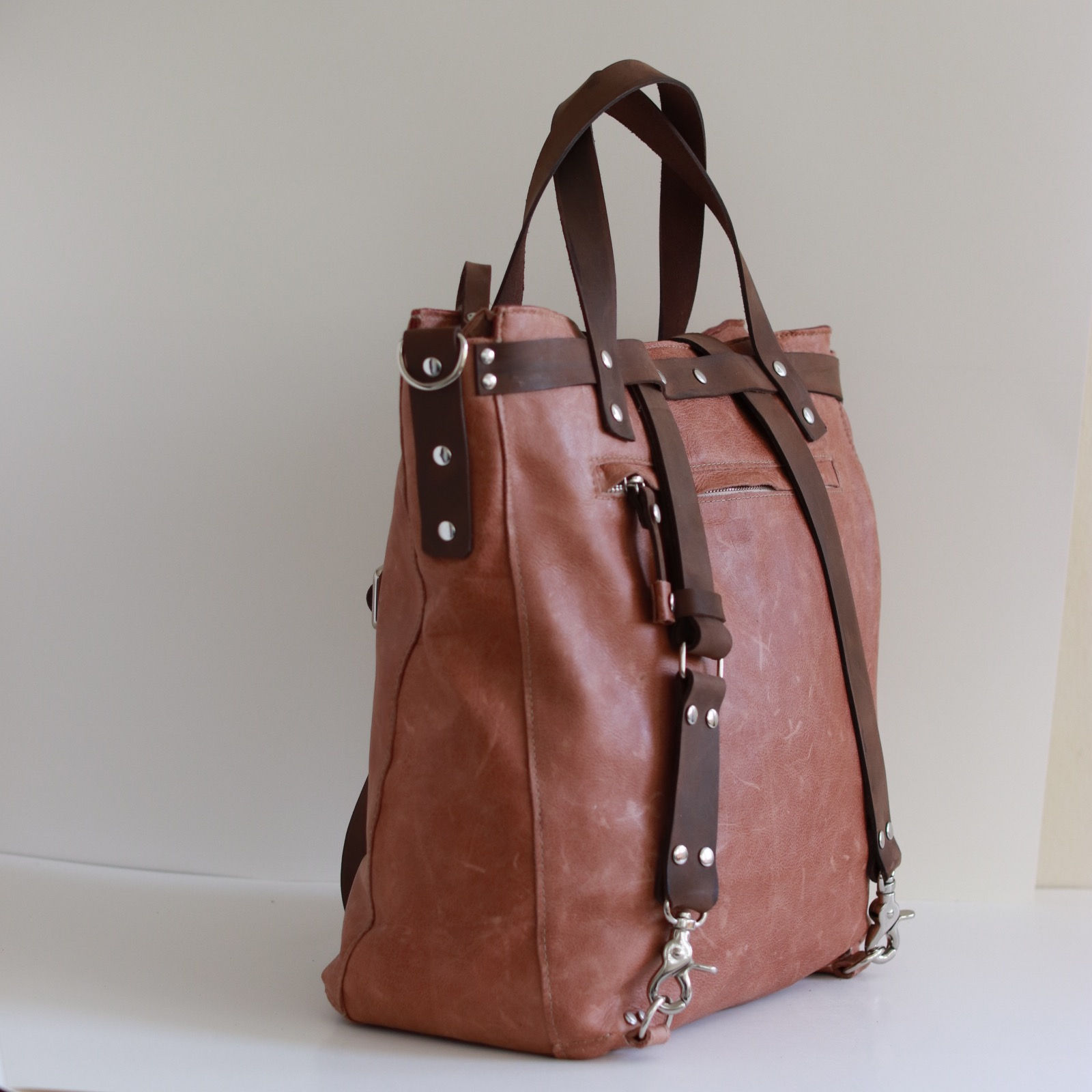Phoenix. Copper leather convertible tote/backpack