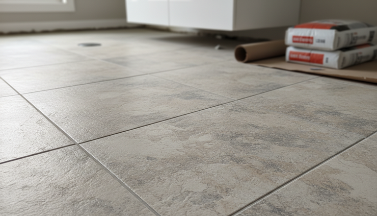 Close-up view of textured porcelain bathroom floor tile with clean grout lines.