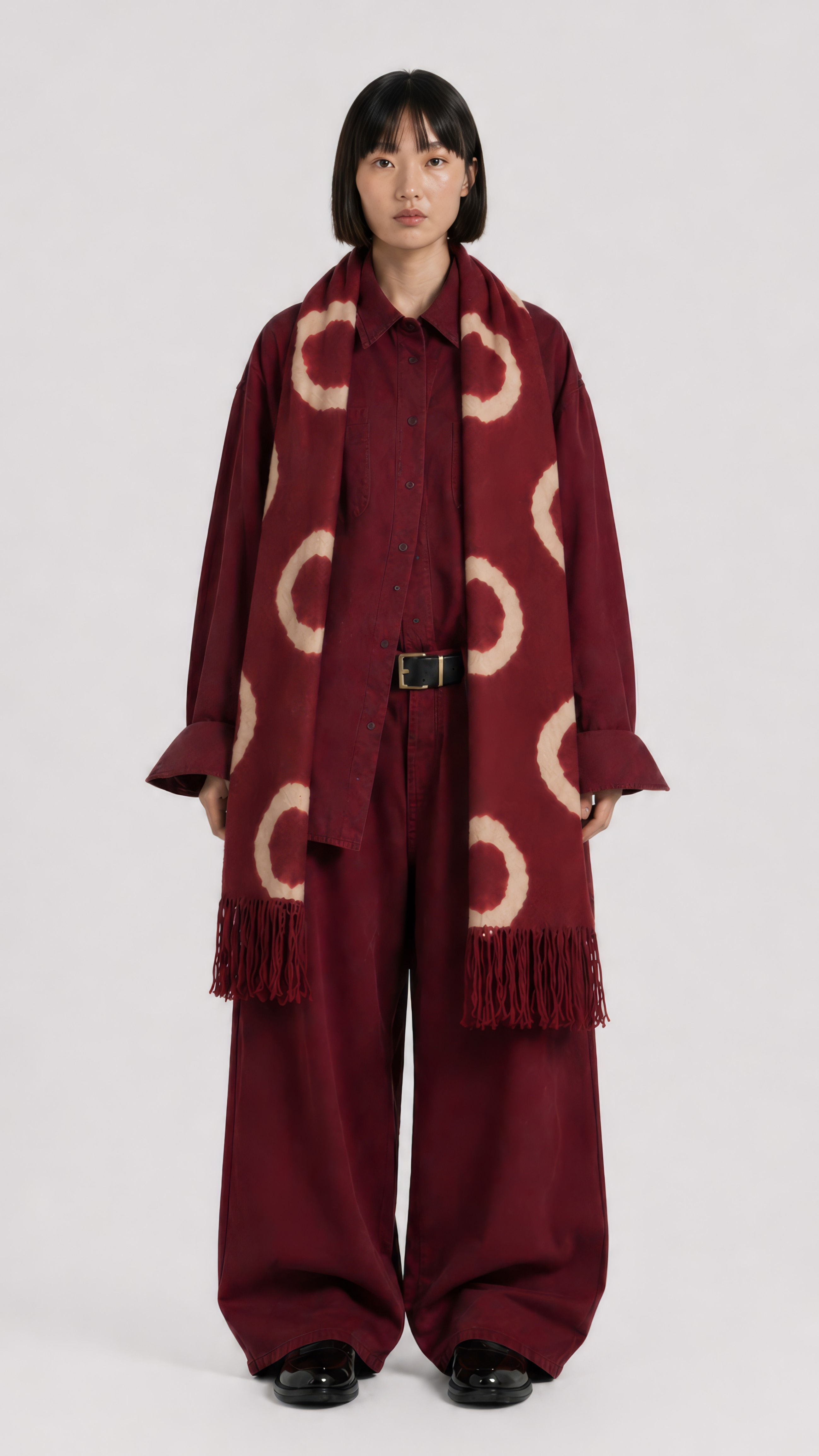 Handwoven merino wool scarf burgundy ikat Argentina MONCHO criollo loom