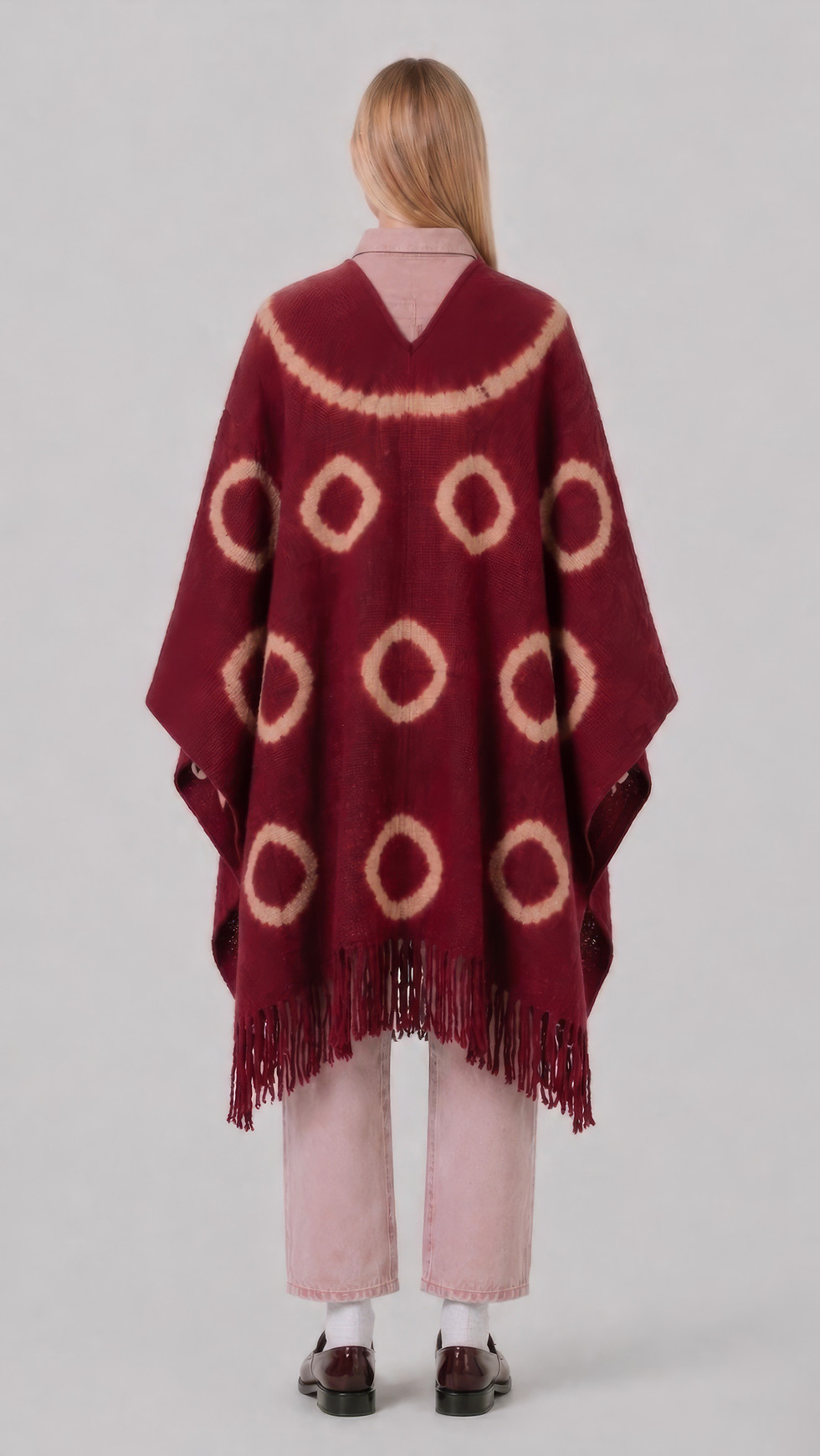 Thumbnail: Burgundy ikat poncho handmade Argentina MONCHO back view