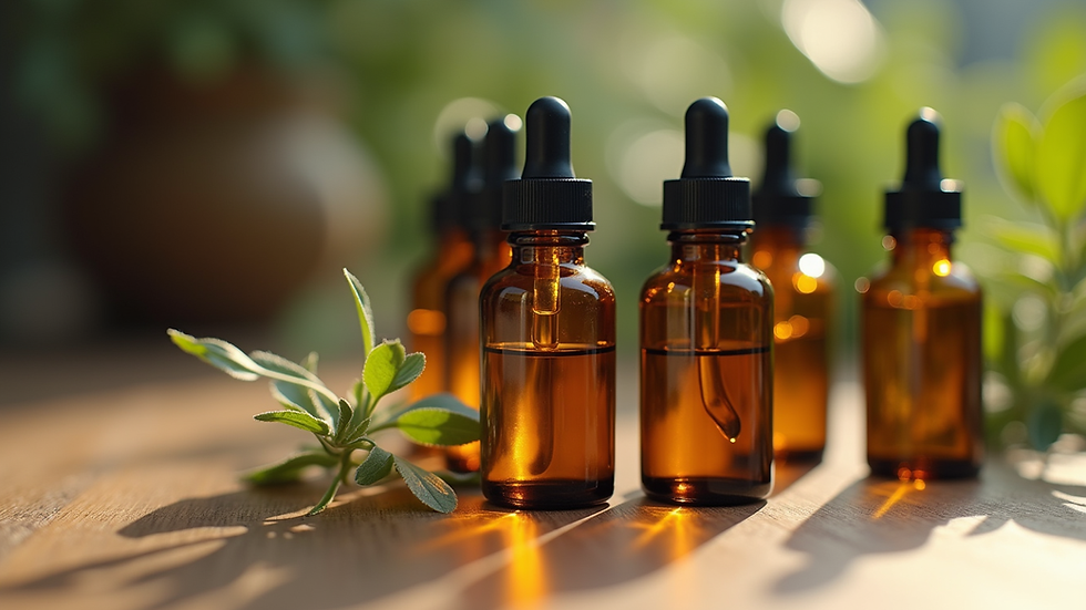Close-up view of essential oil bottles arranged on a wooden surface