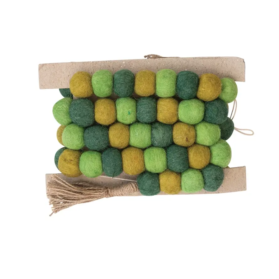 Wool Felt Ball Garland with Jute Tassels-Green