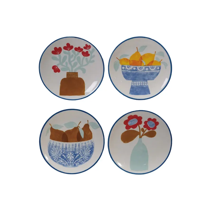 Stoneware Plate with Fruit & Flowers Set of 4