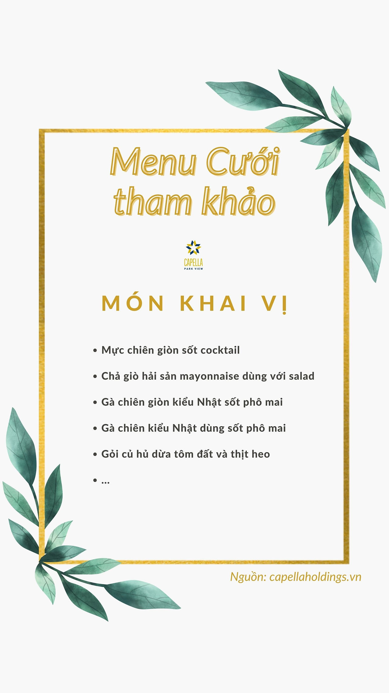 Các món khai vị trong menu cưới tham khảo tại nhà hàng tiệc cưới Capella Parkview
