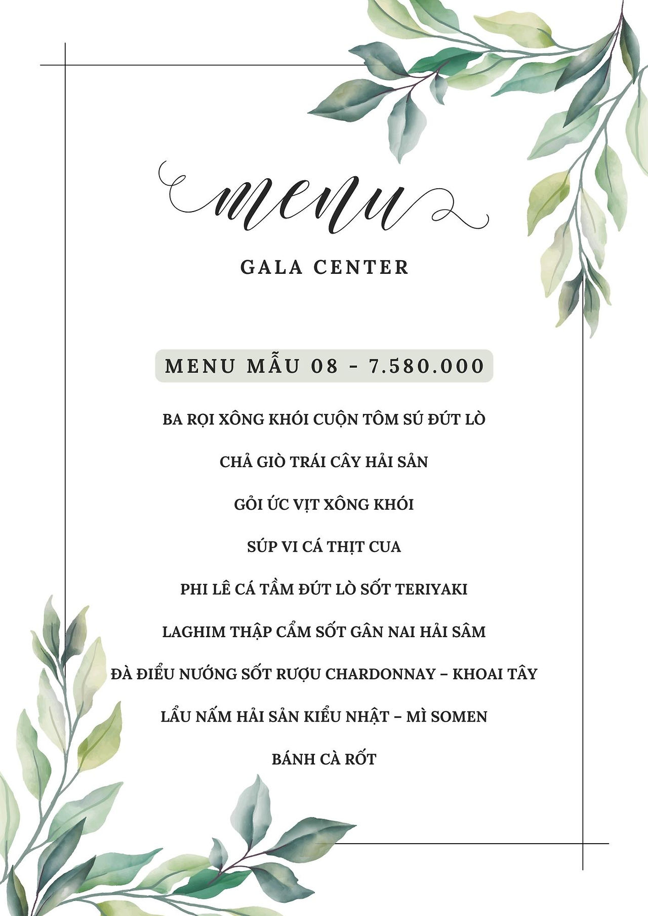 Ảnh menu cưới mẫu 8 giá đặt bàn 7.580.000 tại Gala Center - WEDDINGBOOK