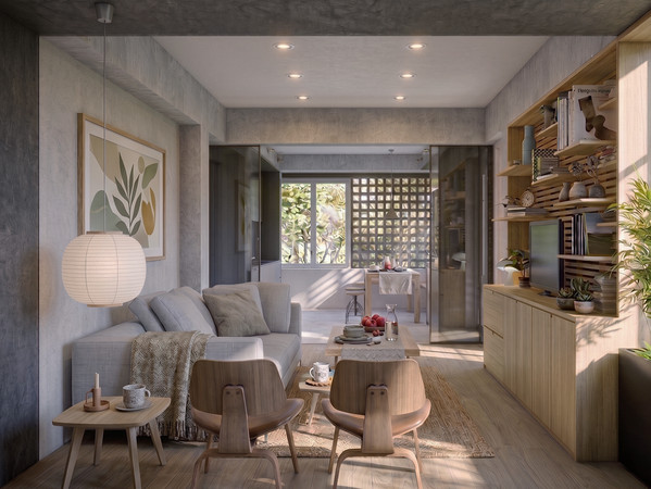 Reforma integral, Donostia, San Sebastián, Arquitectura, salón, interiorismo, muebles a medida, madera, hormigón, mid century, japandi, minimal