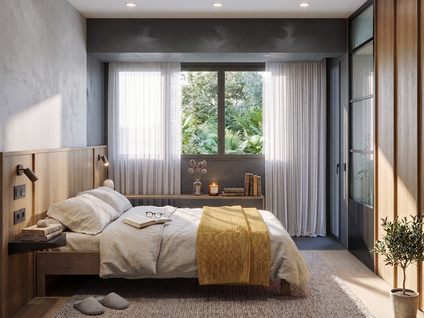 Reforma integral, Donostia, San Sebastián, Arquitectura, dormitorio, habitación, interiorismo, muebles a medida, cabecero de madera, hormigón, mid century, japandi, minimal