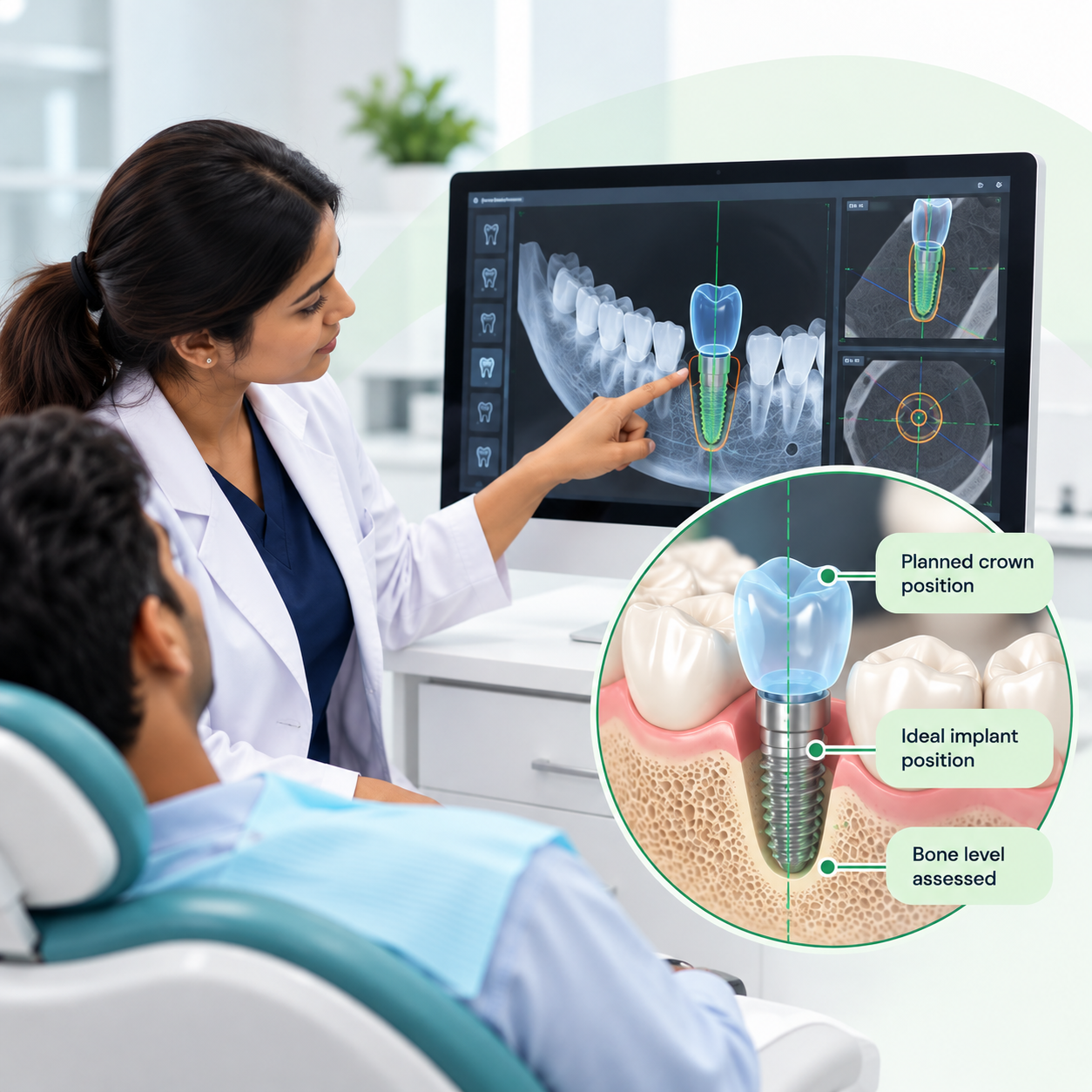Dentist explaining an implant plan to a patient on screen