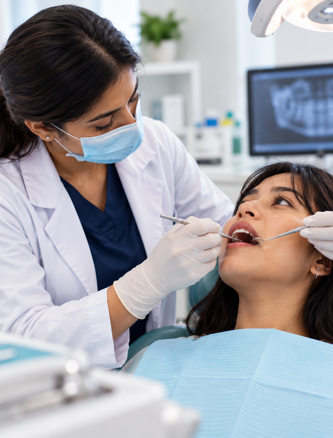 Dentist examining a patient's teeth at Oyster Dental Care