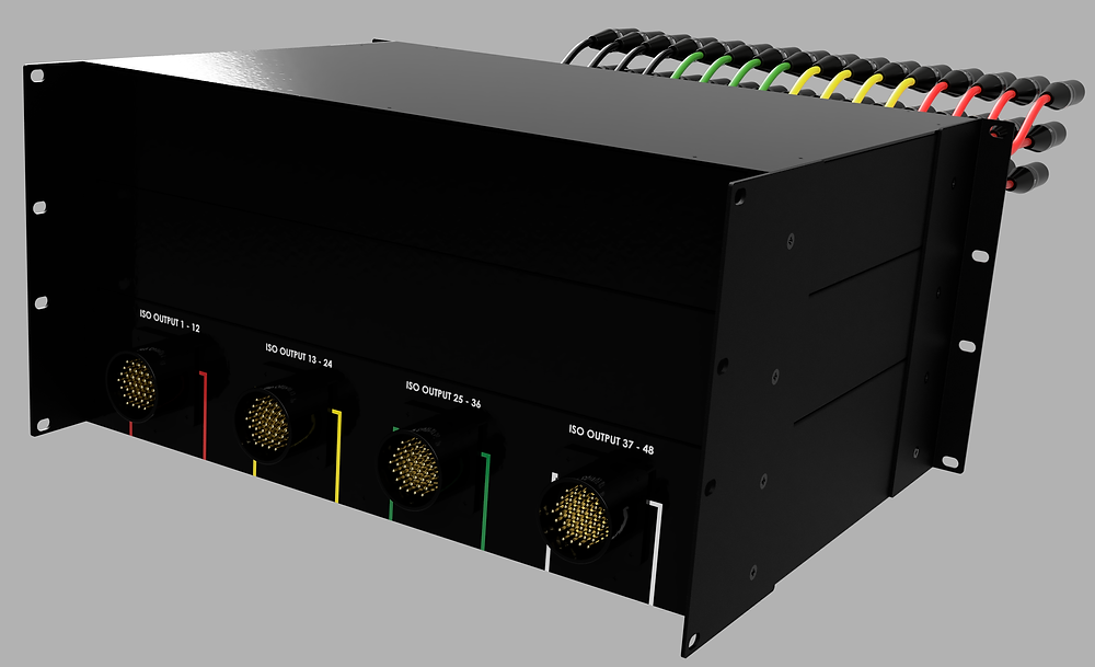 Compact audio splitter for studio and touring. 48 Inputs, phanthom power isolated outputs or galvacic isolated outputs with Lundahl transformers.