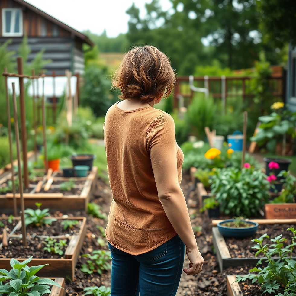 Woman standing in a busy homestead garden feeling overwhelmed by seasonal tasks