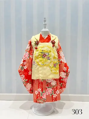 七五三3歳女の子着物レンタル 赤に黄色被布の華やか花柄セット 撮影・お参り衣装