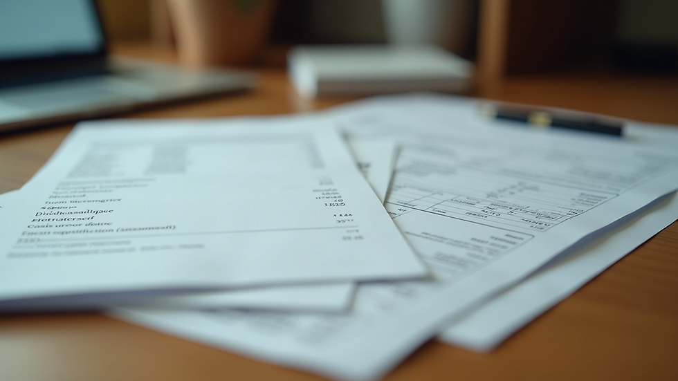 Eye-level view of organized documents and receipts on a wooden desk
