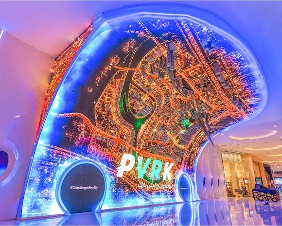 PVRK display in Dubai, with map and glowing lights, DUBAI DOO
