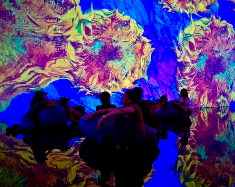 People sit and watch vibrant floral art display with brilliant colors of yellow and blue.