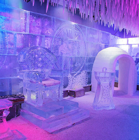Interior of an Ice Lounge with ice furniture and decorations.
