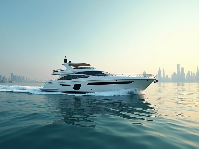 Luxury yacht sailing on the sea with city skyline background at sunset.