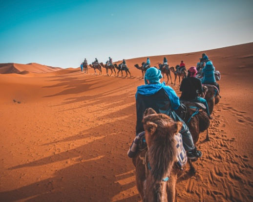 People riding camels in the desert landscape under a clear blue sky.