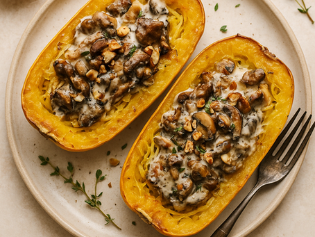 Courge spaghetti rôtie, champignons forestiers & noisettes
