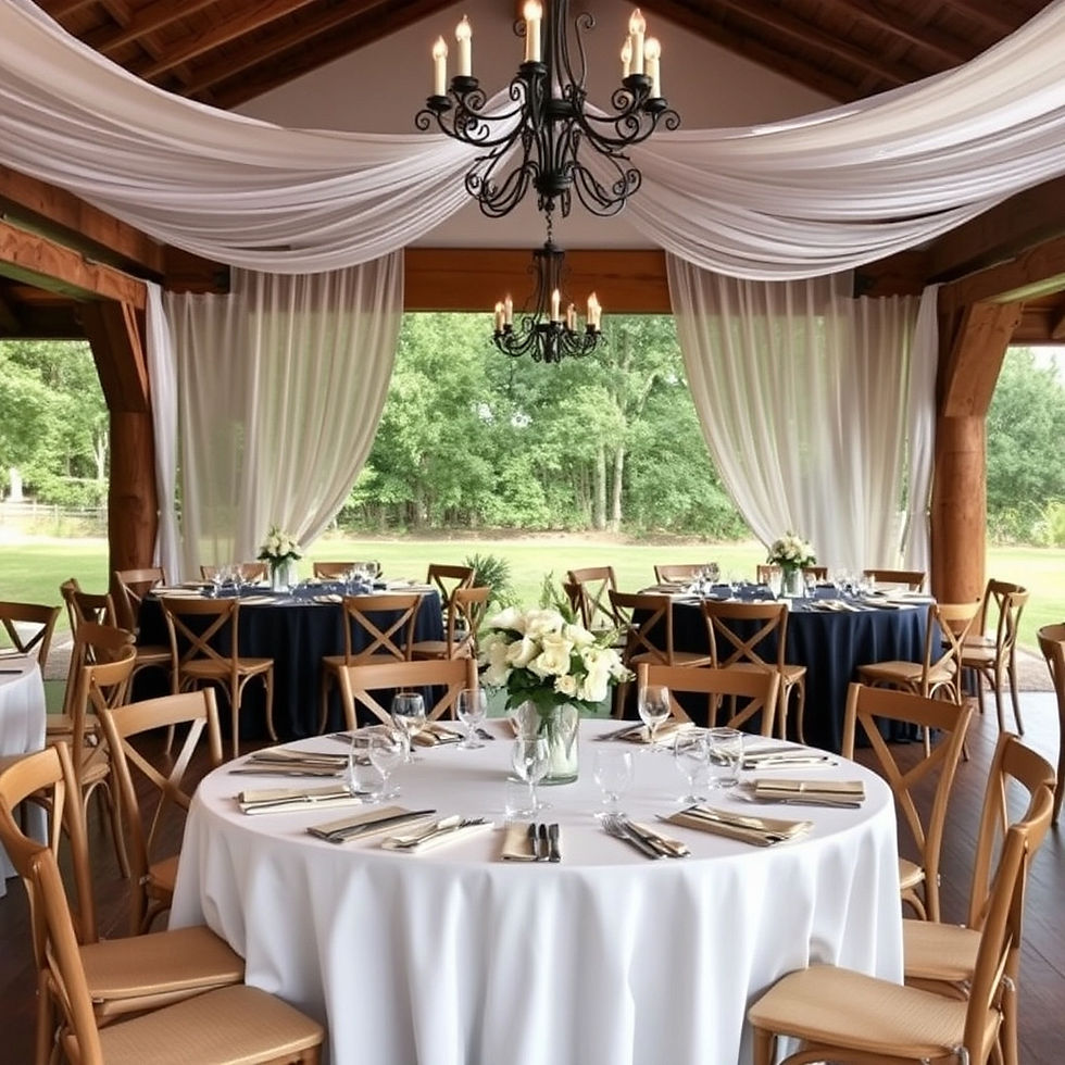 banquete matrimonio montado con mesas de madera y sillas crossback en salón de campo en co