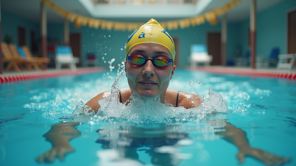Eye-level view of a swimming instructor demonstrating safety techniques