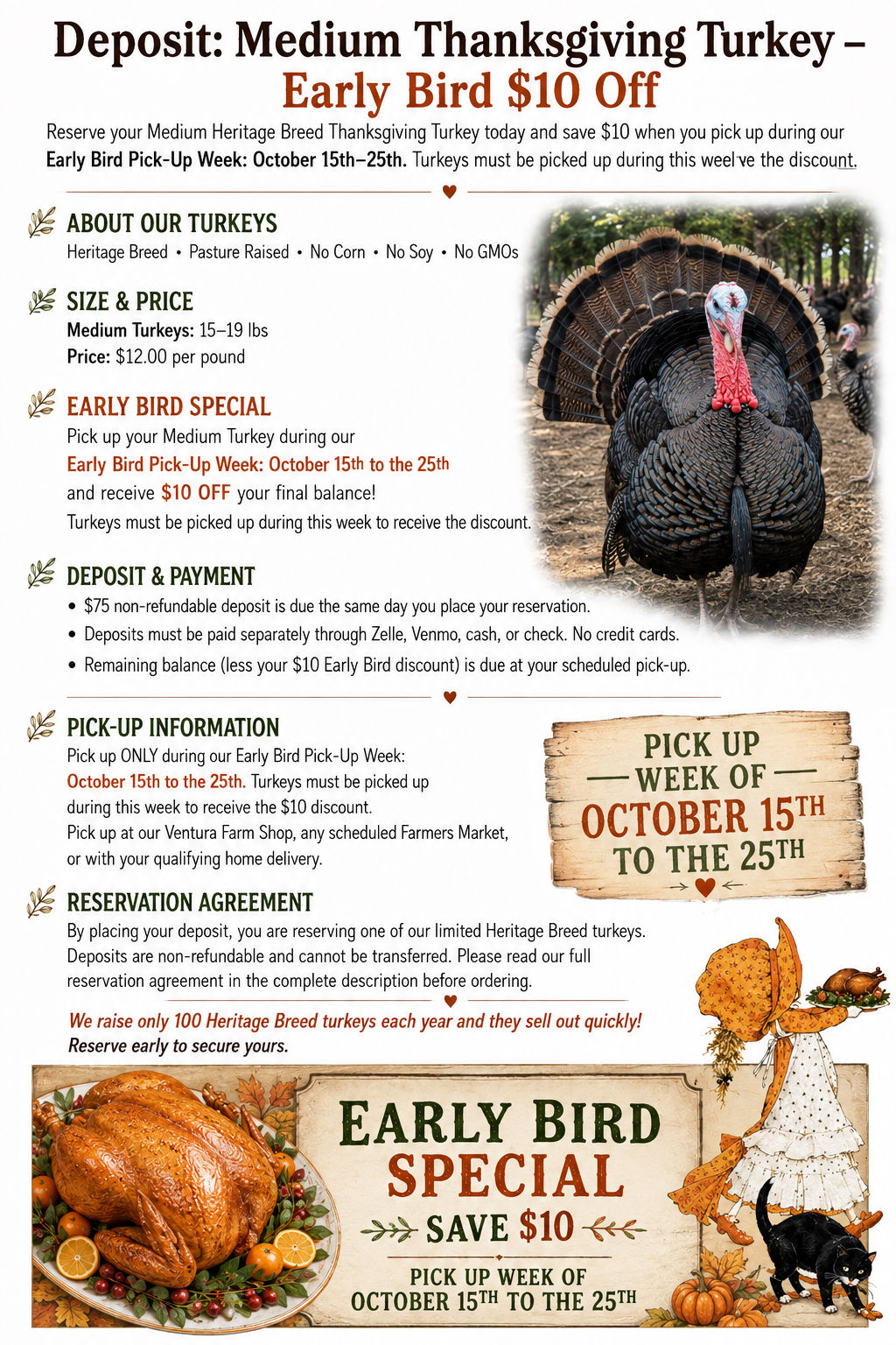 🦃 EARLY BIRD Deposit: Medium Thanksgiving Turkey $12 Lb (14–19 lbs) $10 Off