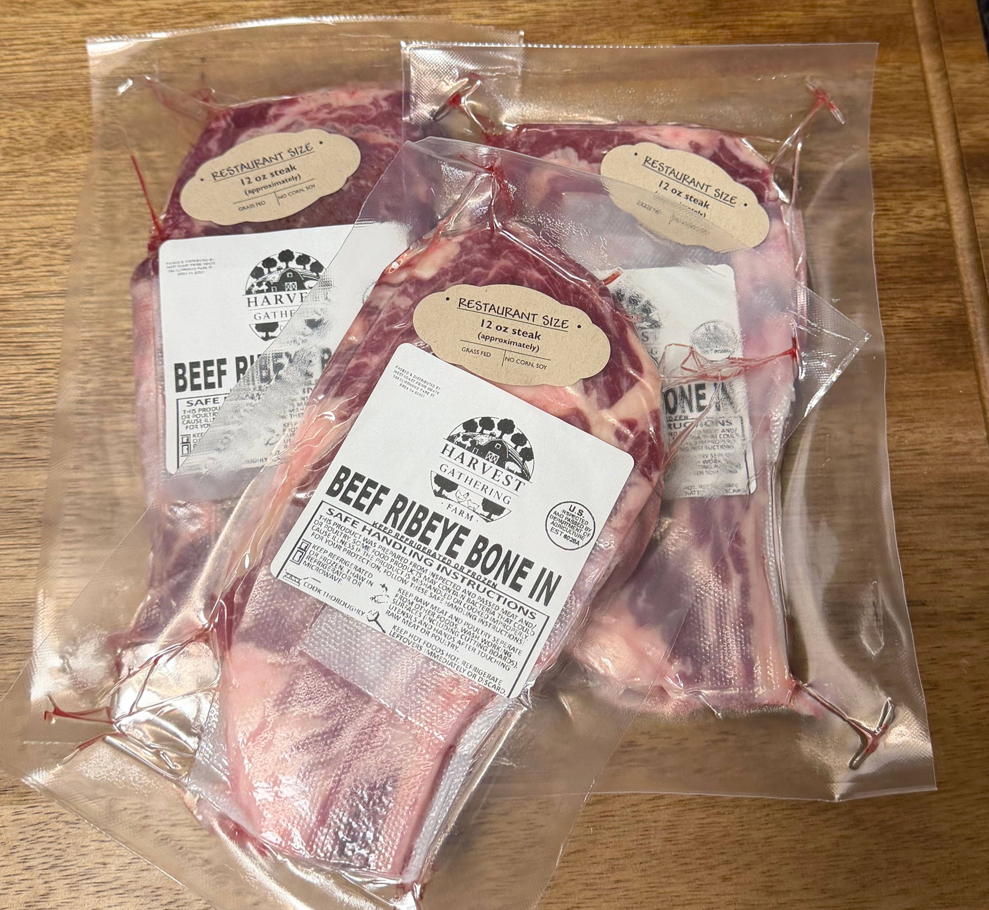New! RESTAURANT SIZE 12 oz GRASS FED”, SMALL, RIBEYE BONE IN $42 lb approx 12 oz
