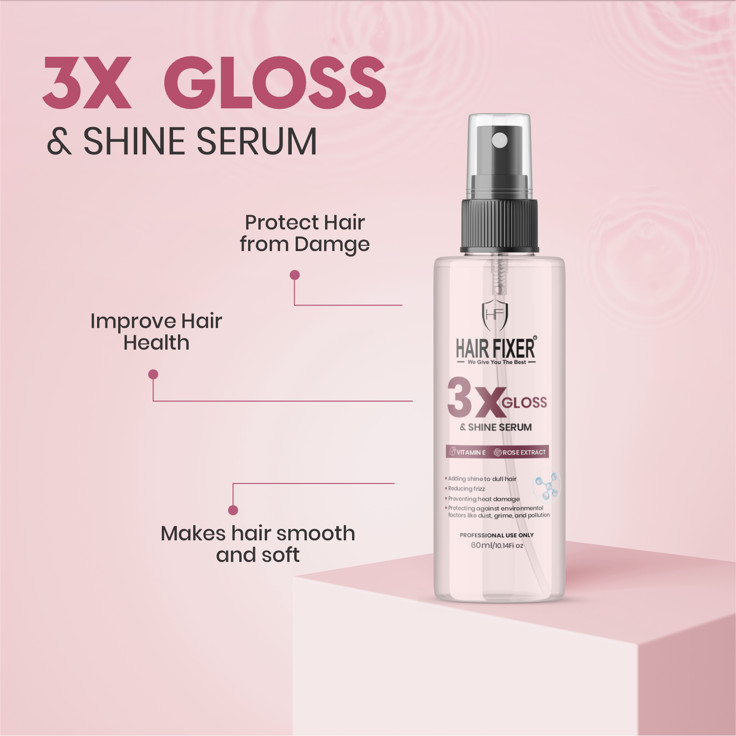 Hair Fixer 3x Gloss & Shine Serum 60ml bottle for frizz control and high-gloss hair finish