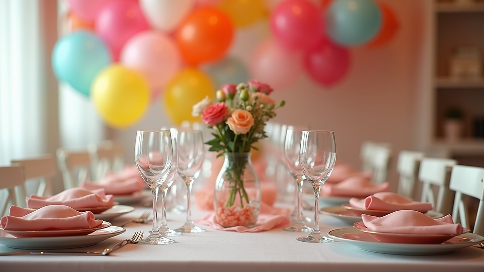 Eye-level view of a beautifully decorated party table with colorful balloons and elegant tableware