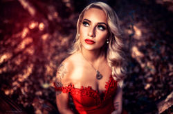 women_blonde_face_long_hair_red_dress_wo