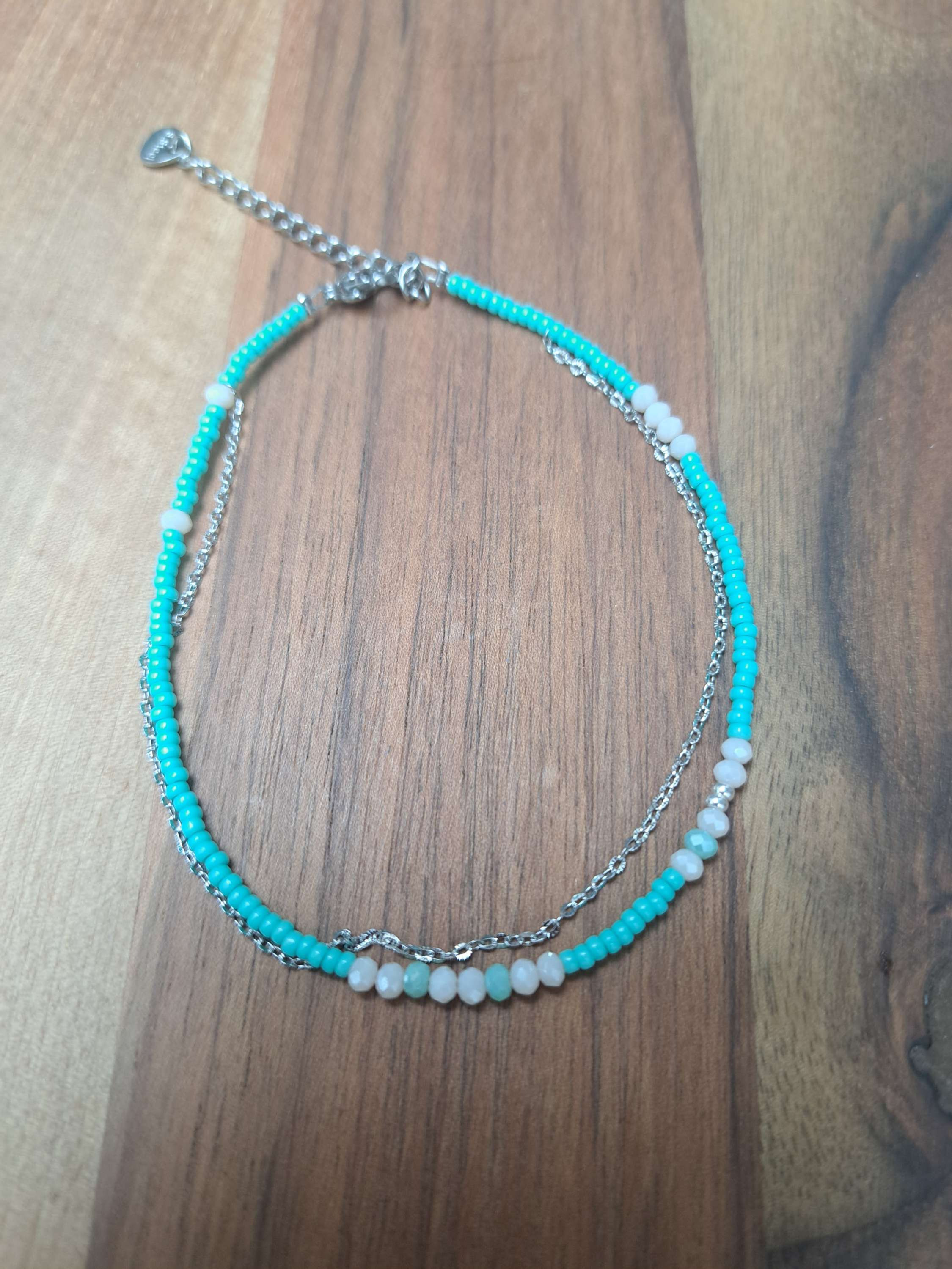 Dubbel enkelbandje stainless steel turquoise wit