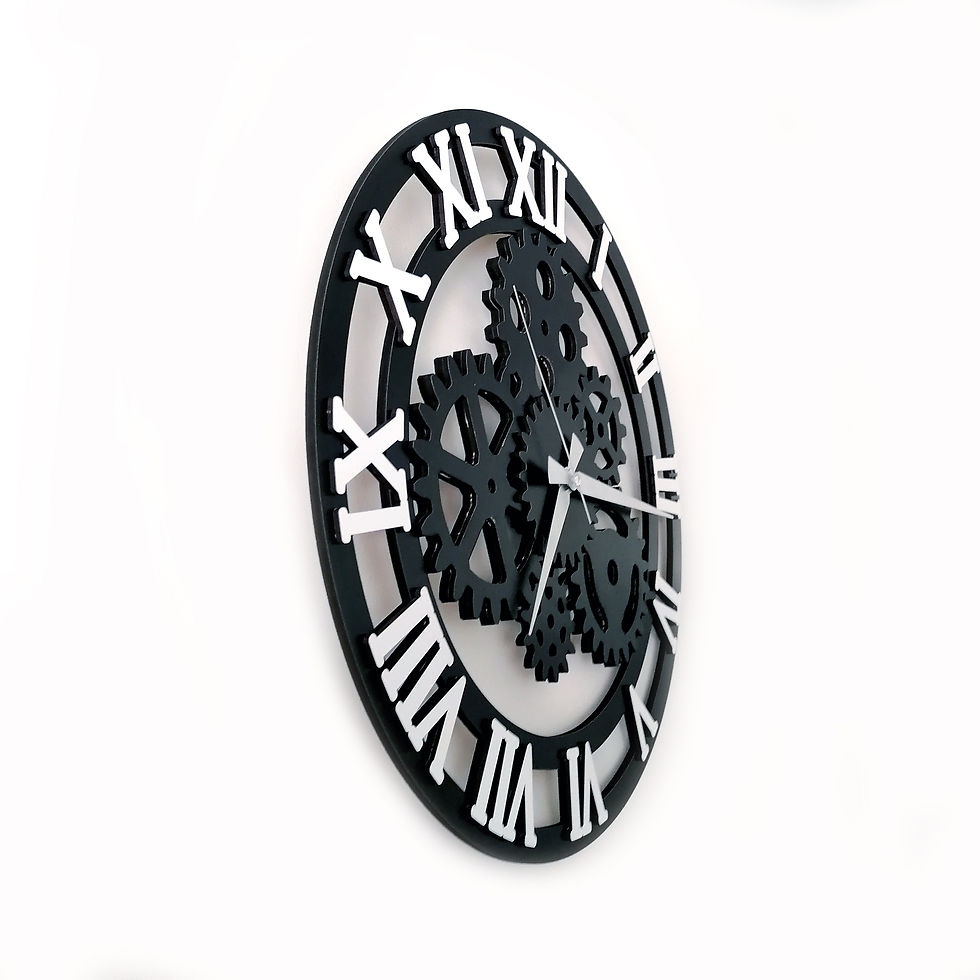 Thumbnail: Decorative Black and White Wooden Wall Clock with Roman Numerals and Gears