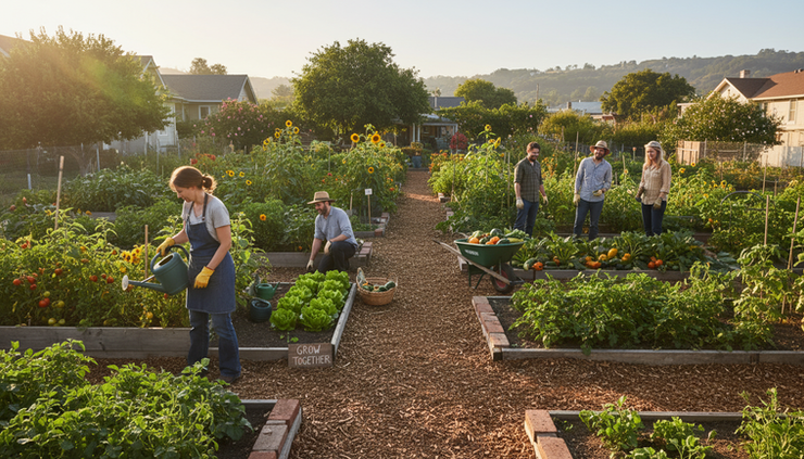 Wide-angle view of a community garden path with people tending separate garden beds.