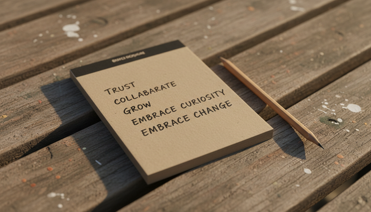 Close-up of a small notebook on a wooden bench with handwritten team values.