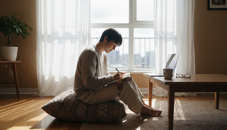Wide-angle view of a person writing in a notebook beside a sunny apartment window.
