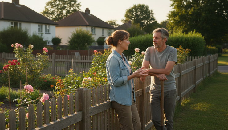 Eye-level view of two neighbors speaking calmly beside a shared garden fence.