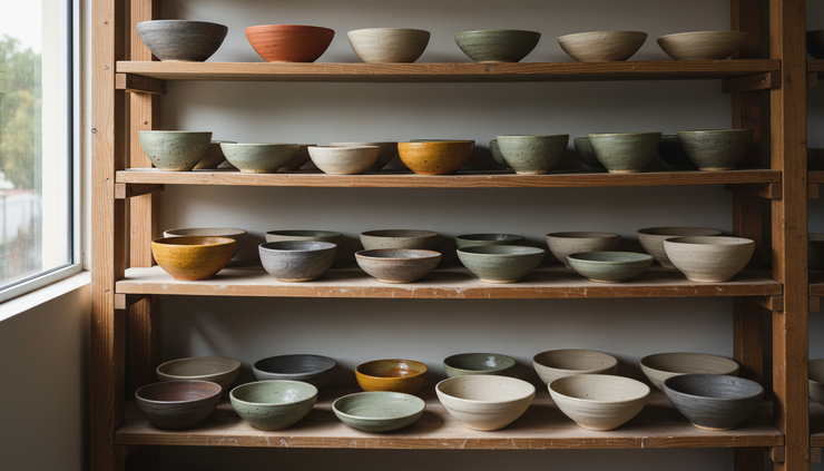 Eye-level view of a pottery studio shelf with handmade bowls in different shapes.