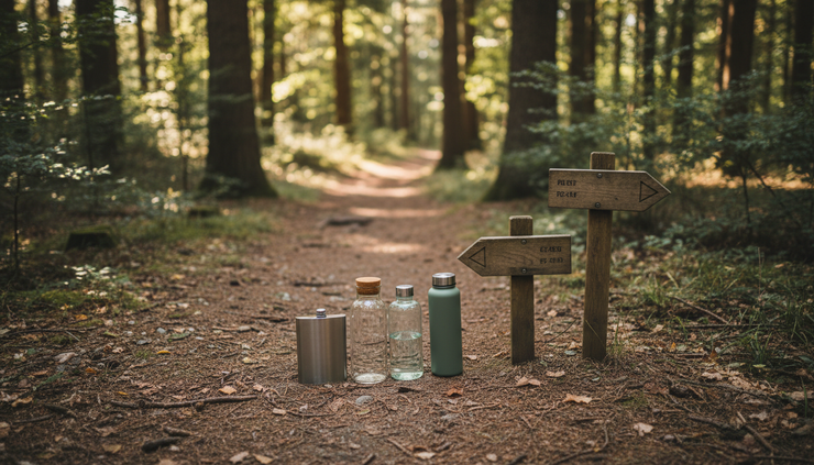 Overhead view of hiking trail markers beside water bottles on a forest path.