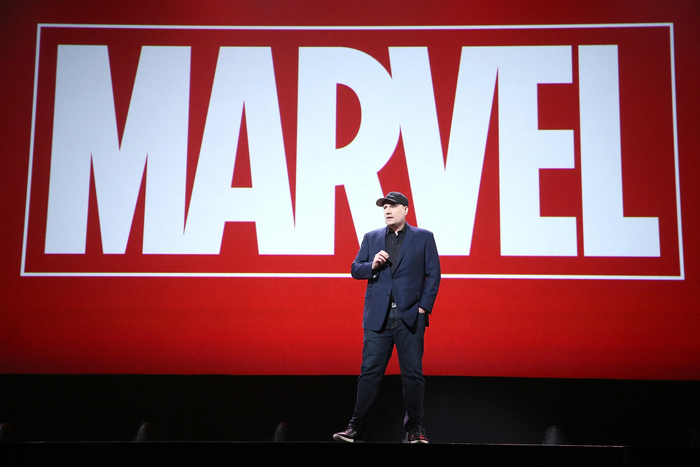 This year marks the 10th anniversary of Marvel Studios. Here, Marvel Studios President Kevin Feige presents at the 2015 D23 Expo in California. JESSE GRANT / GETTY IMAGES FOR DISNEY