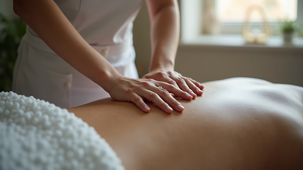 Close-up view of a massage therapist applying chair massage in an office setting