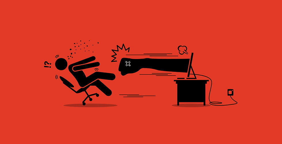 A cartoon of a fist flying out of a computer screen and hitting the user