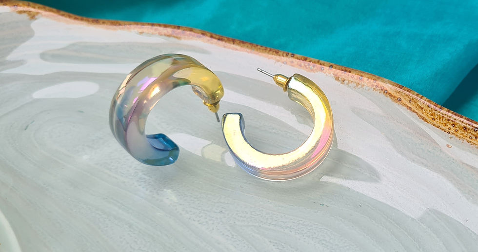 Thumbnail: Bold, chunky iridescent yellow/lilac/blue hoop studs