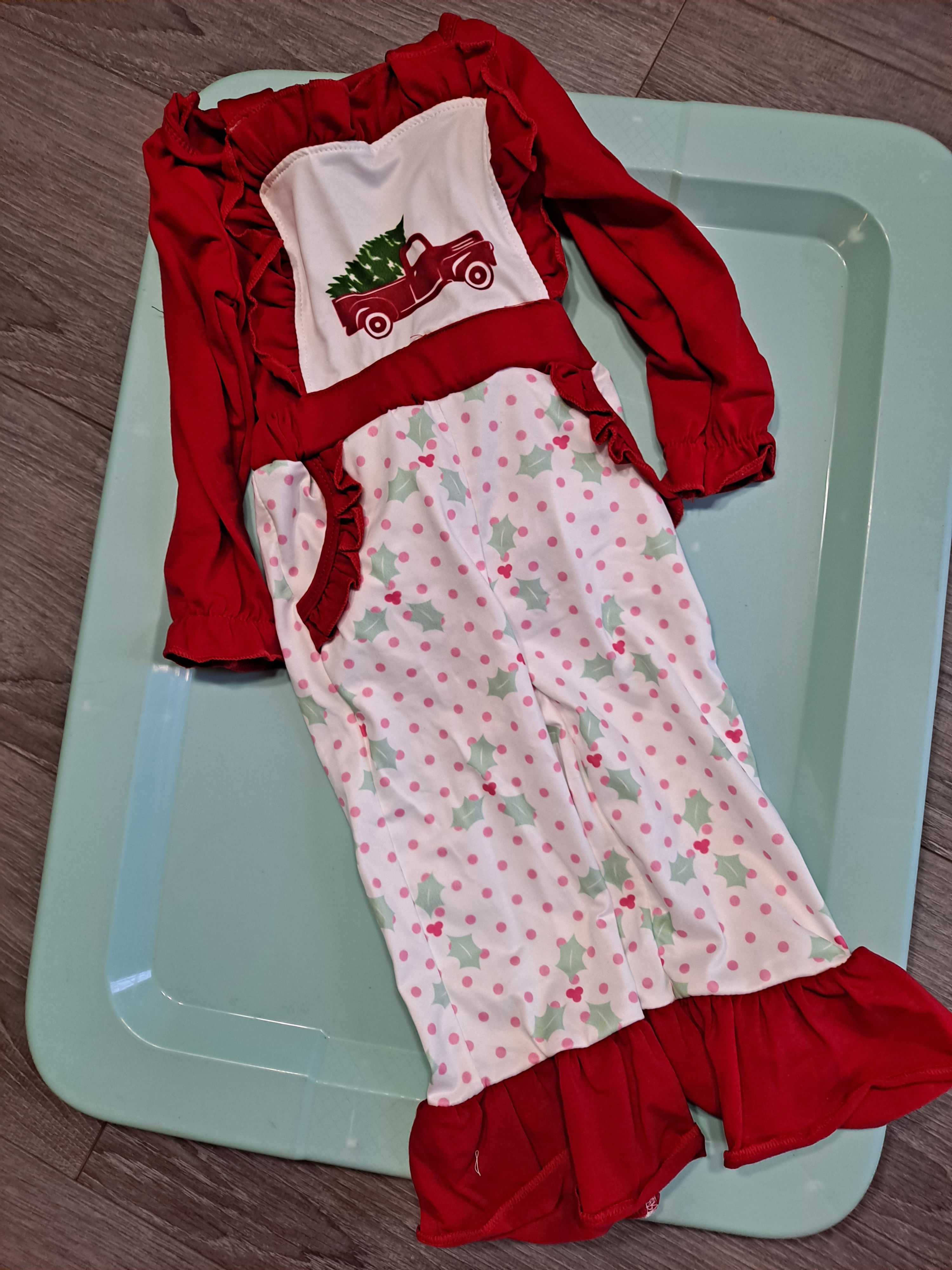 Red shirt with truck overalls