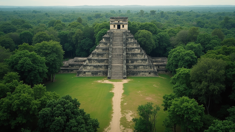 High angle view of ancient Mayan ruins surrounded by dense jungle