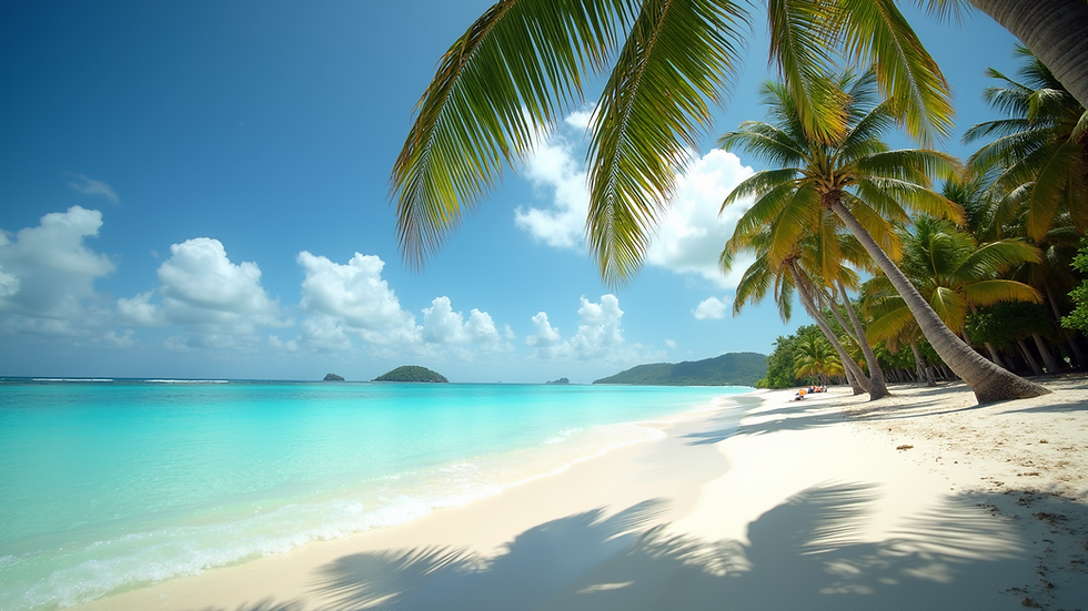 Eye-level view of a tropical beach with turquoise water and palm trees